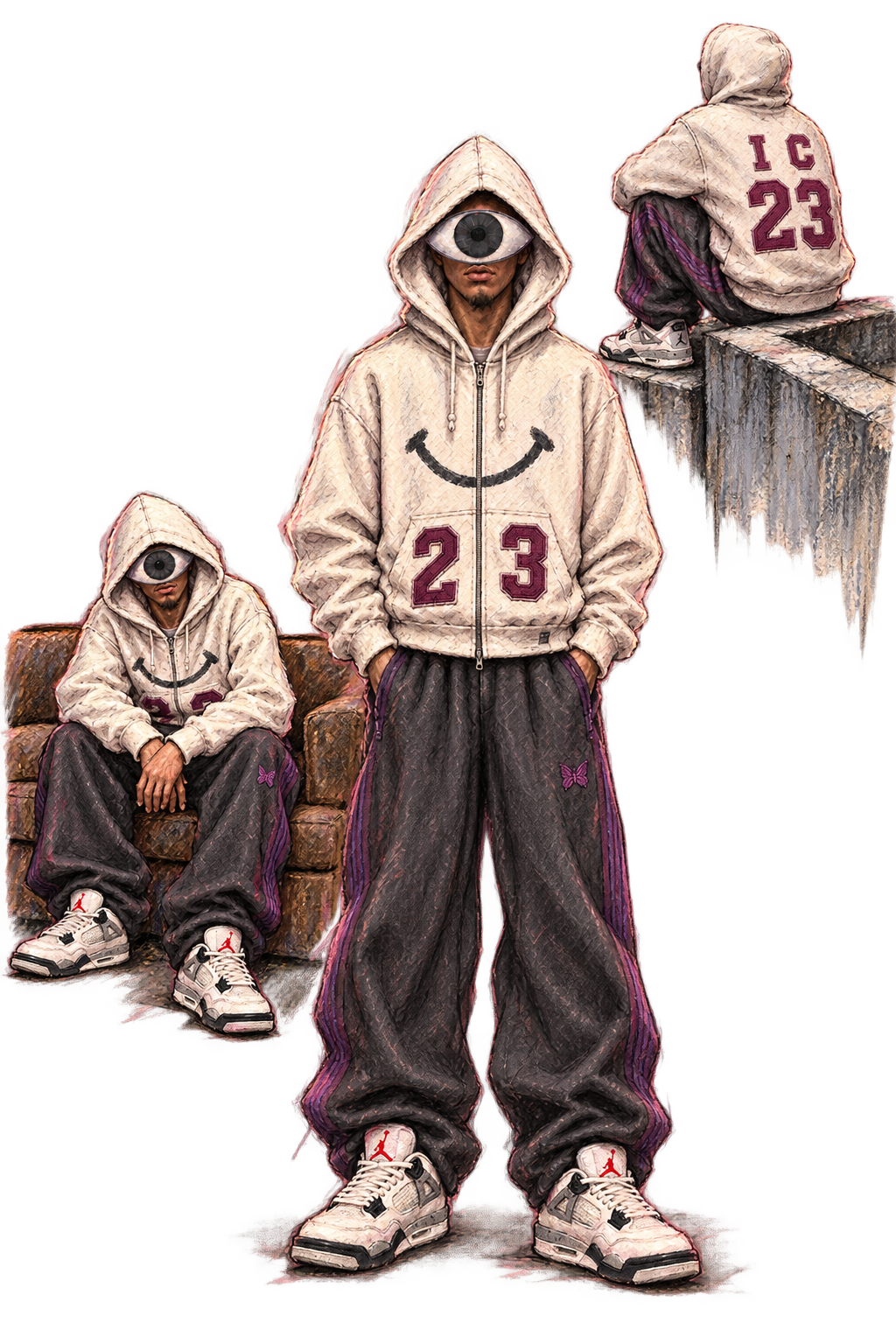 Études du personnage : debout, assis sur le canapé et assis au bord du toit. Hoodie au sourire et au 23 brodé, pantalon ample et Jordan.