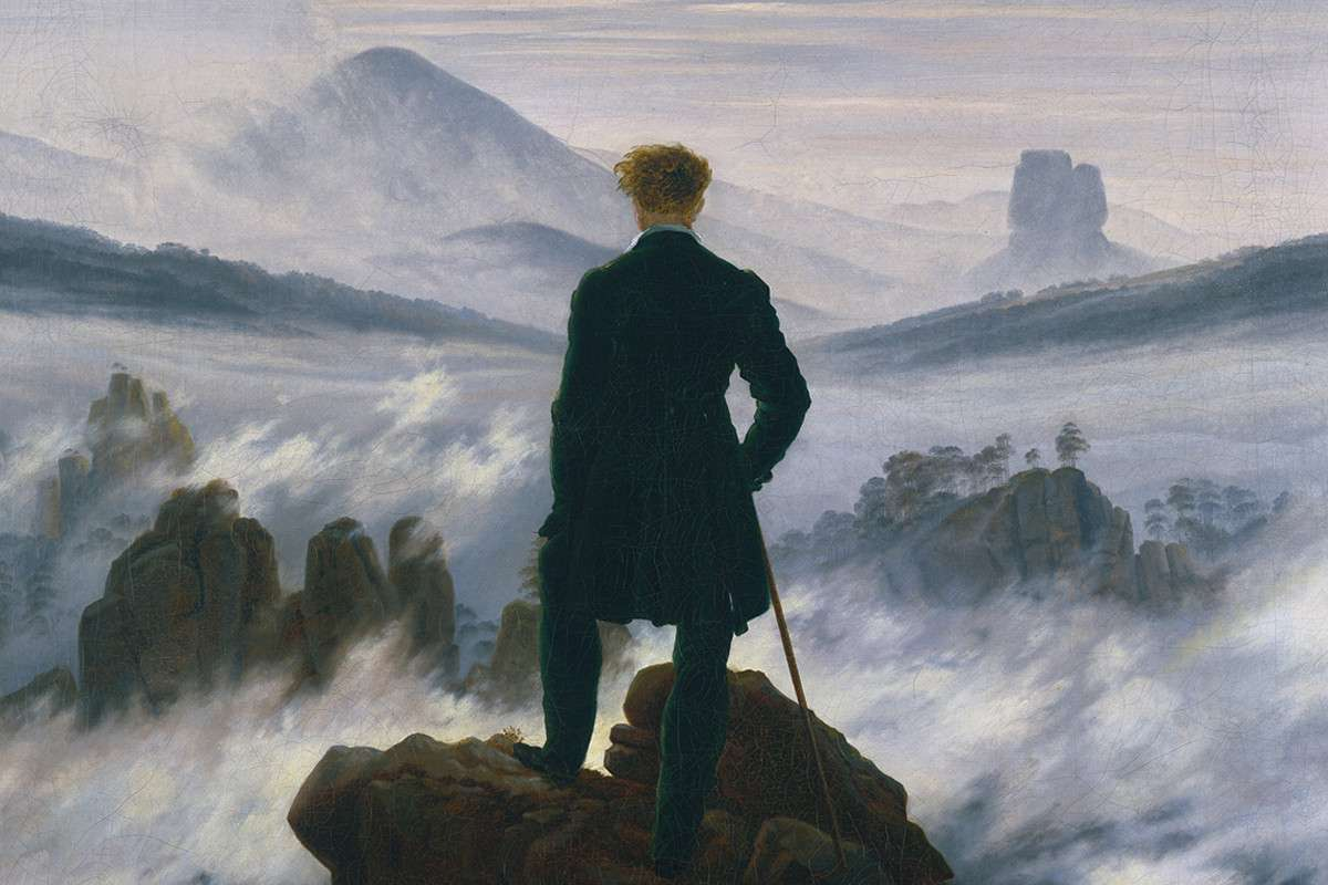 Détail du Voyageur contemplant une mer de nuages, de dos face aux montagnes.