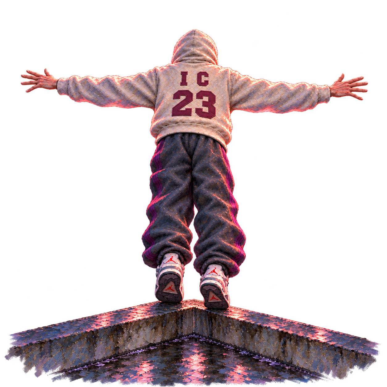 Le personnage vu de dos, bras ouverts, basculant vers l’horizon depuis le bord du toit.