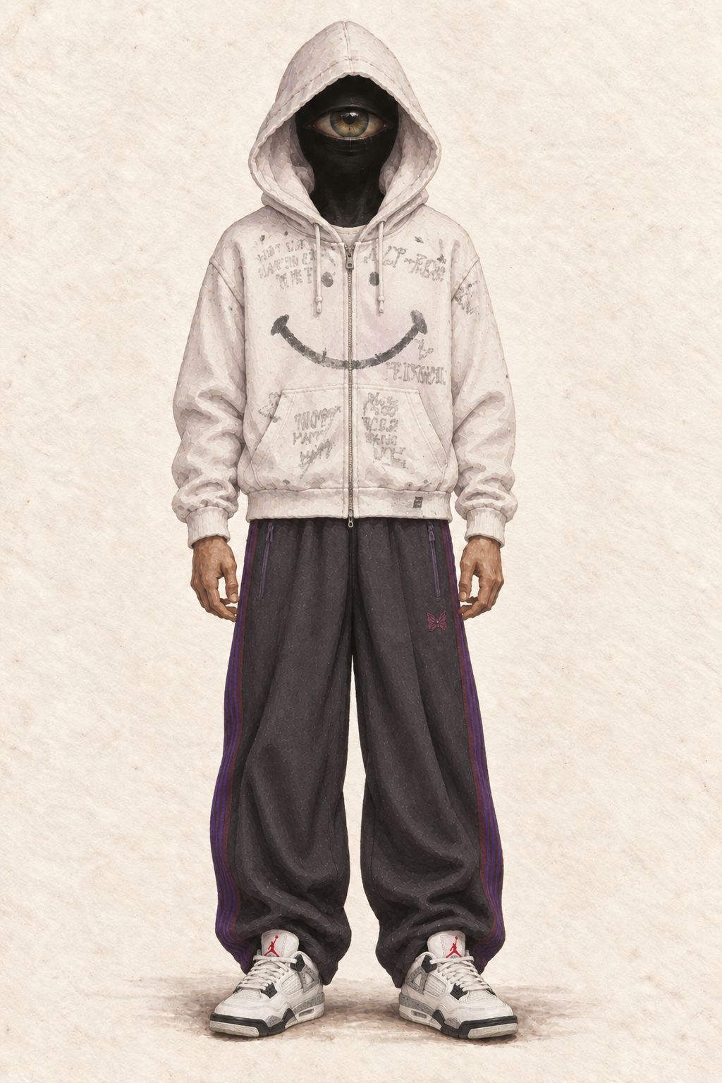 Première étude du personnage, avant l’œil superposé et l’épuration du hoodie.
